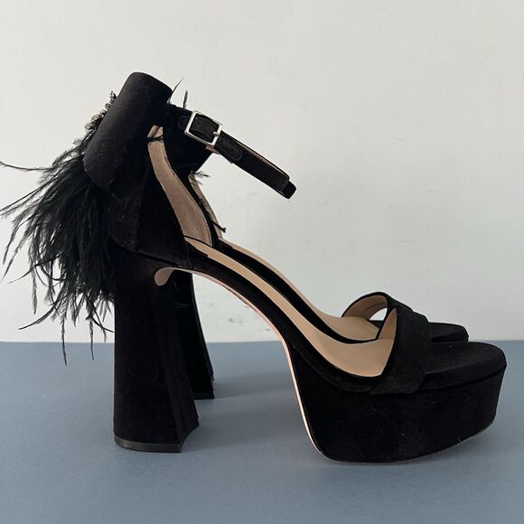Antonio Melani Janie Black Velvet Rhinestone Bow Feather Platform Dress Sandals - Picture 5 of 8